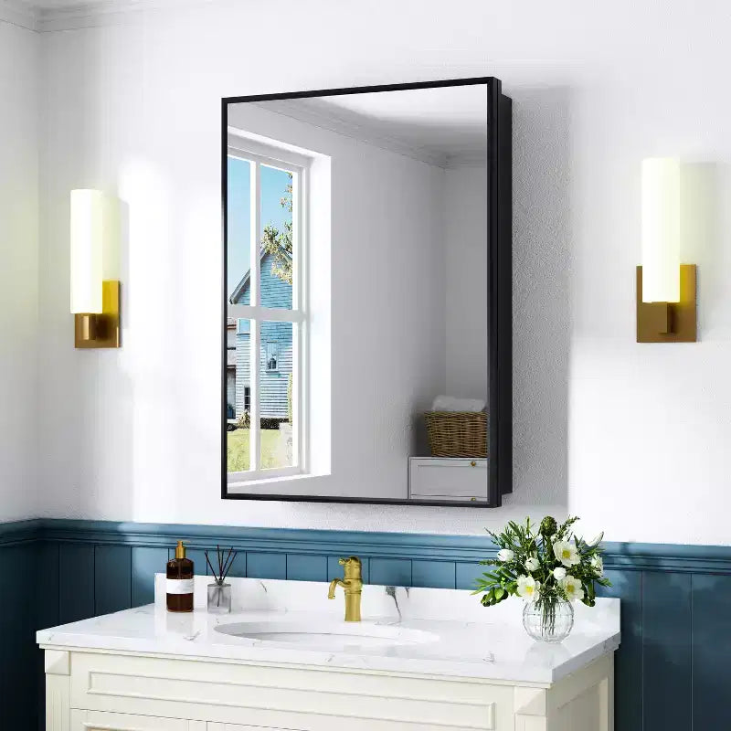 Armoire à pharmacie de salle de bain avec miroir, montage encastré ou en surface Elise, étagères en verre trempé réglables et porte réversible
