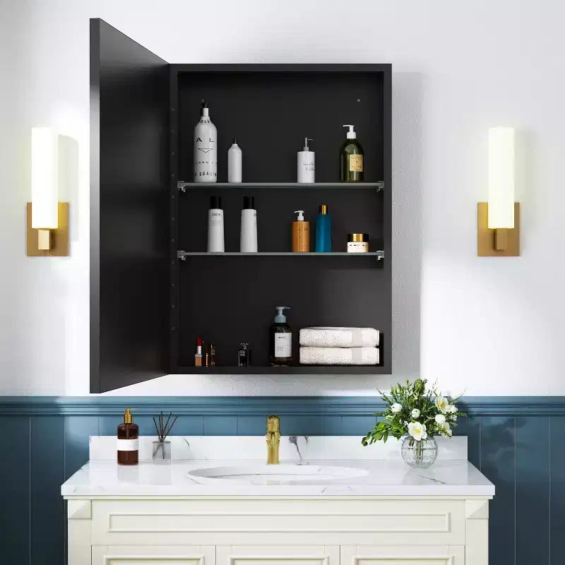 Armoire à pharmacie de salle de bain avec miroir, montage encastré ou en surface Elise, étagères en verre trempé réglables et porte réversible