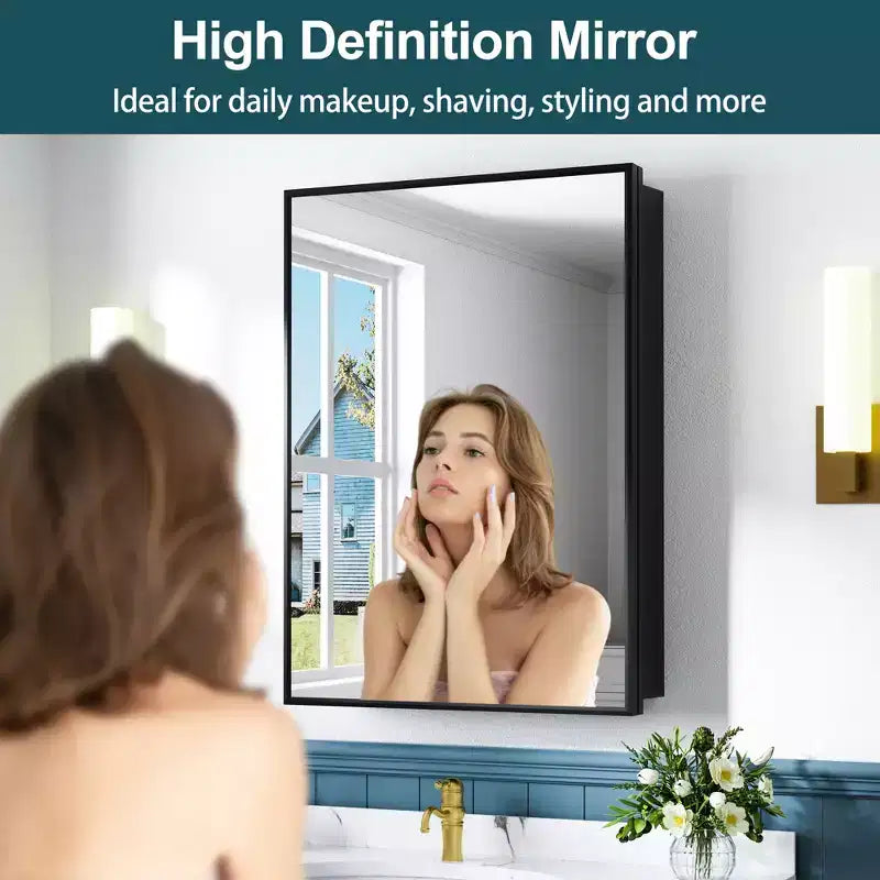 Armoire à pharmacie de salle de bain avec miroir, montage encastré ou en surface Elise, étagères en verre trempé réglables et porte réversible