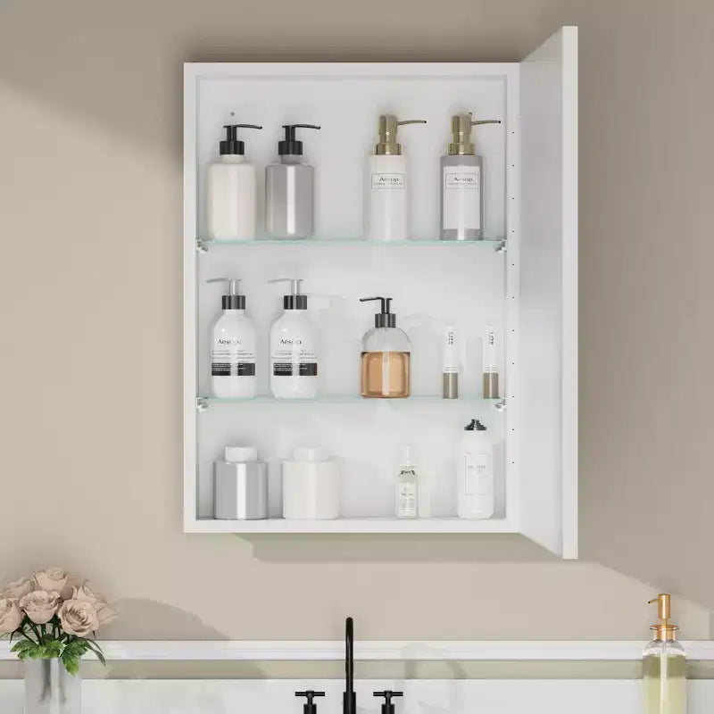 Armoire à pharmacie de salle de bain avec miroir, montage encastré ou en surface Elise, étagères en verre trempé réglables et porte réversible