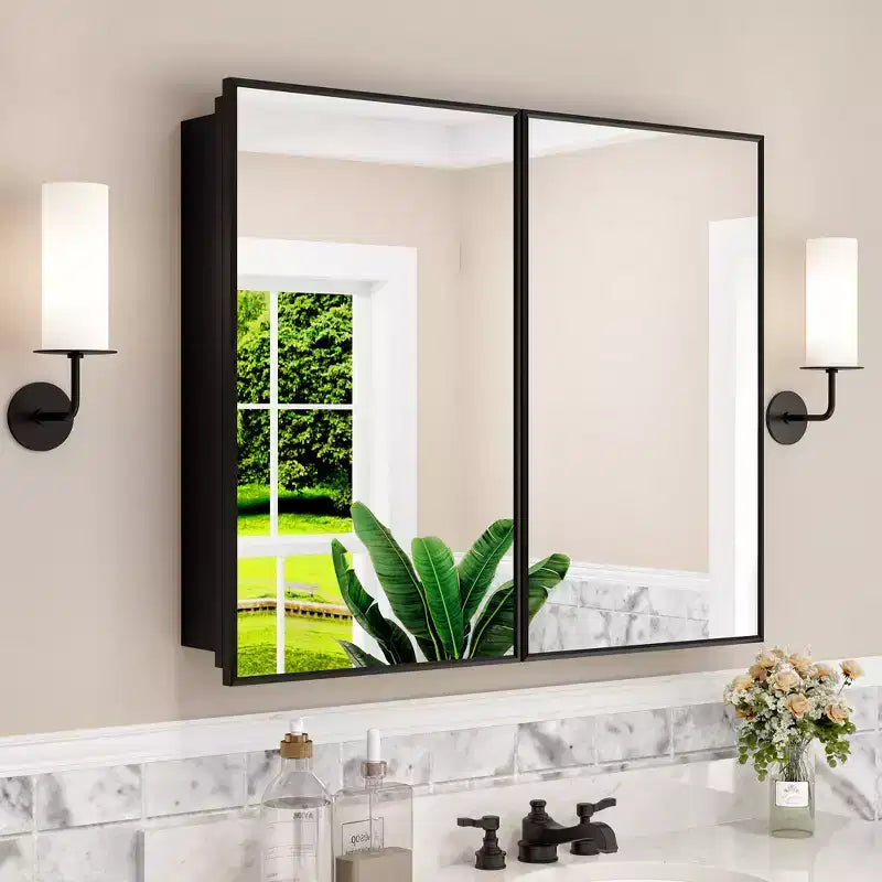 Armoire à pharmacie de salle de bain avec miroir, montage encastré ou en surface Elise, étagères en verre trempé réglables et porte réversible