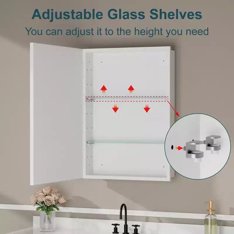 Armoire à pharmacie de salle de bain avec miroir, montage encastré ou en surface Elise, étagères en verre trempé réglables et porte réversible