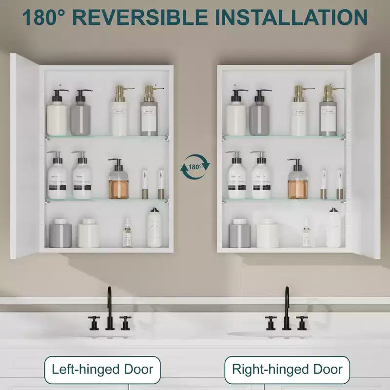 Armoire à pharmacie de salle de bain avec miroir, montage encastré ou en surface Elise, étagères en verre trempé réglables et porte réversible