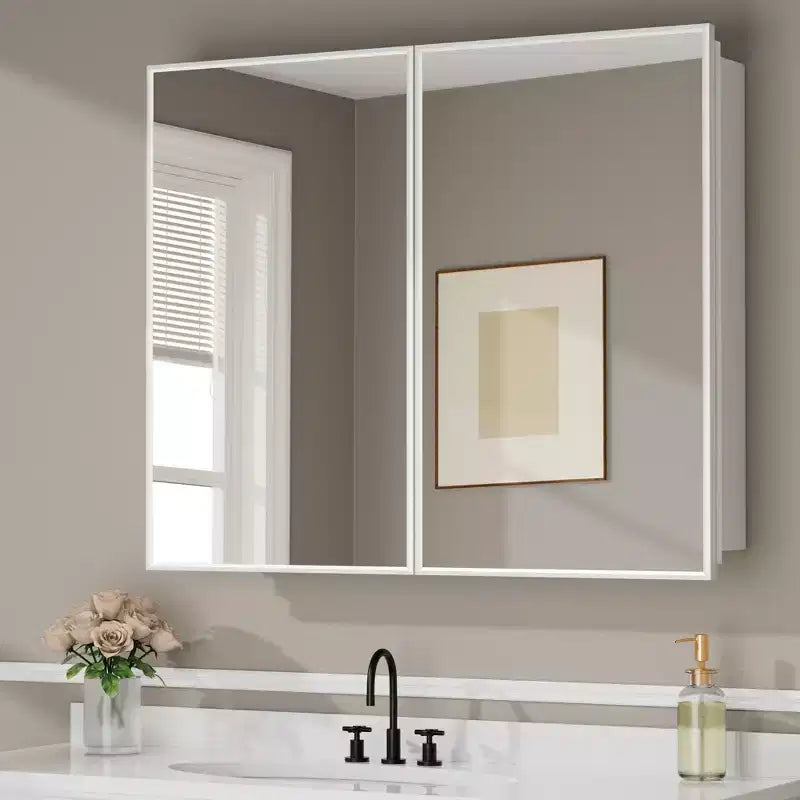 Armoire à pharmacie de salle de bain avec miroir, montage encastré ou en surface Elise, étagères en verre trempé réglables et porte réversible