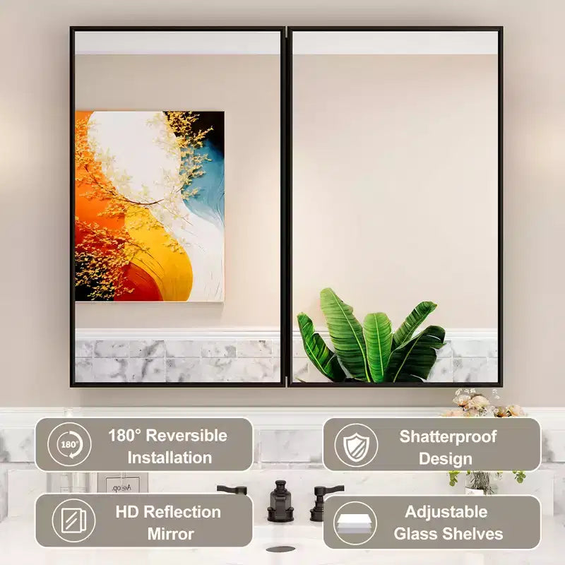 Armoire à pharmacie de salle de bain avec miroir, montage encastré ou en surface Elise, étagères en verre trempé réglables et porte réversible