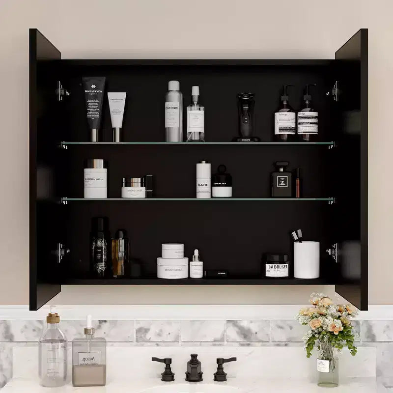 Armoire à pharmacie de salle de bain avec miroir, montage encastré ou en surface Elise, étagères en verre trempé réglables et porte réversible