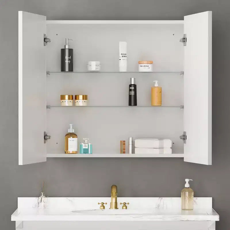 Armoire à pharmacie de salle de bain avec miroir, montage encastré ou en surface Elise, étagères en verre trempé réglables et porte réversible