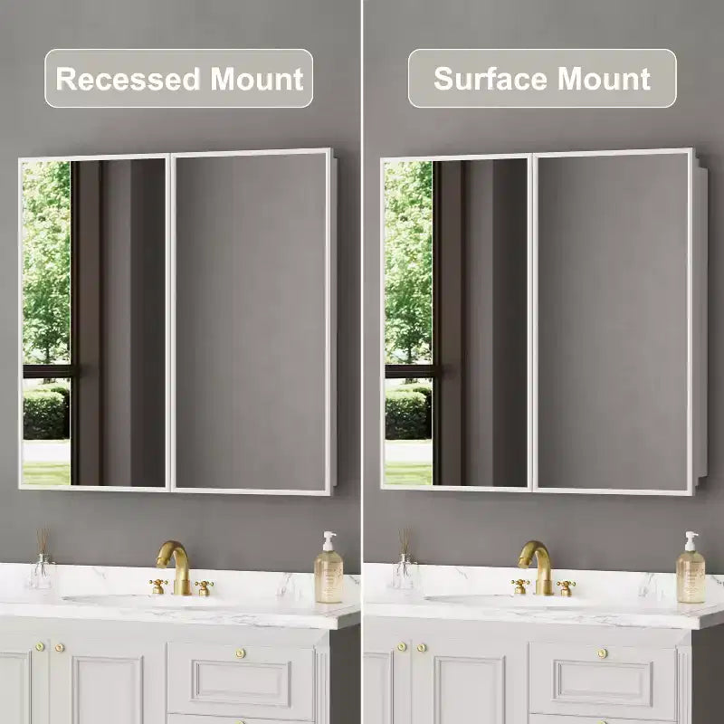Armoire à pharmacie de salle de bain avec miroir, montage encastré ou en surface Elise, étagères en verre trempé réglables et porte réversible