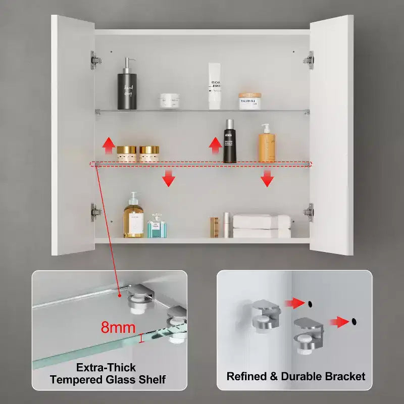 Armoire à pharmacie de salle de bain avec miroir, montage encastré ou en surface Elise, étagères en verre trempé réglables et porte réversible