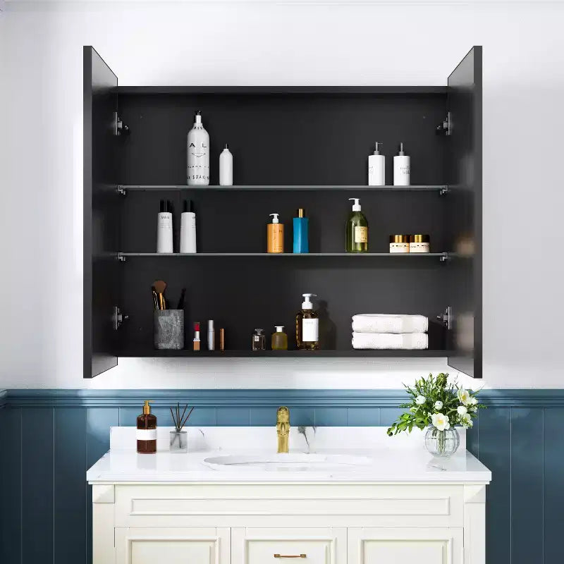 Armoire à pharmacie de salle de bain avec miroir, montage encastré ou en surface Elise, étagères en verre trempé réglables et porte réversible