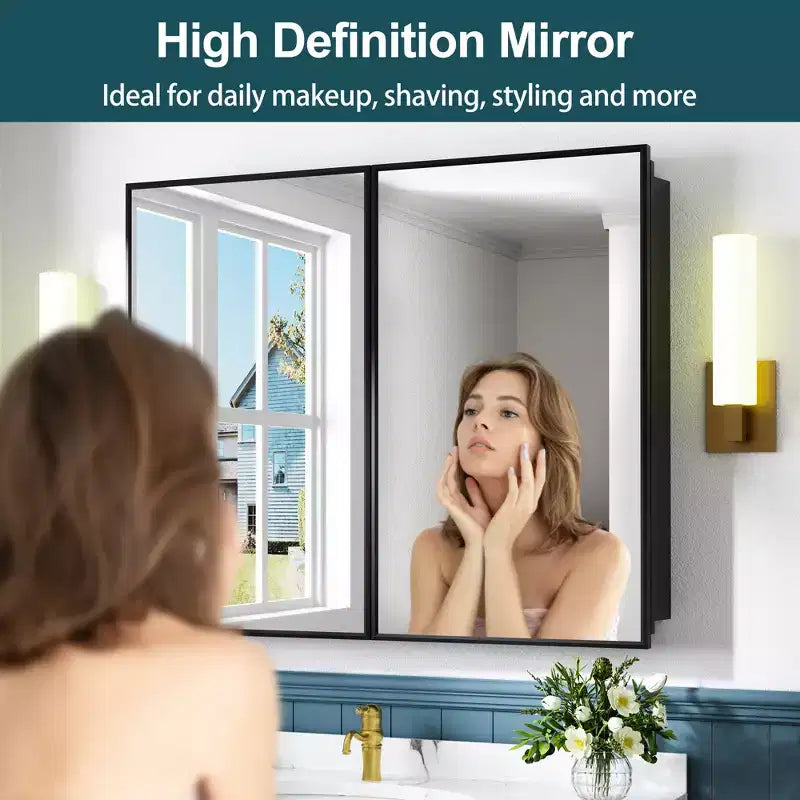 Armoire à pharmacie de salle de bain avec miroir, montage encastré ou en surface Elise, étagères en verre trempé réglables et porte réversible