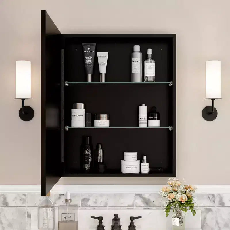 Armoire à pharmacie de salle de bain avec miroir, montage encastré ou en surface Elise, étagères en verre trempé réglables et porte réversible