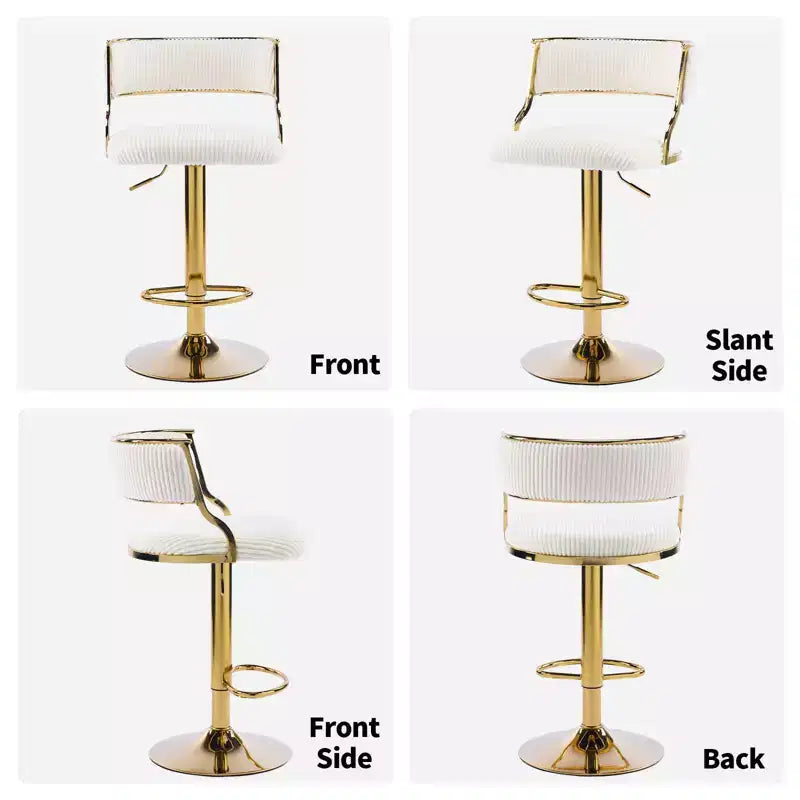 Tabouret de bar réglable Karl en velours côtelé crème avec base dorée