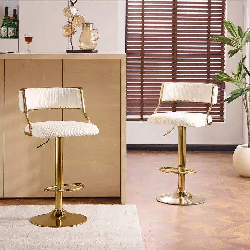 Tabouret de bar réglable Karl en velours côtelé crème avec base dorée