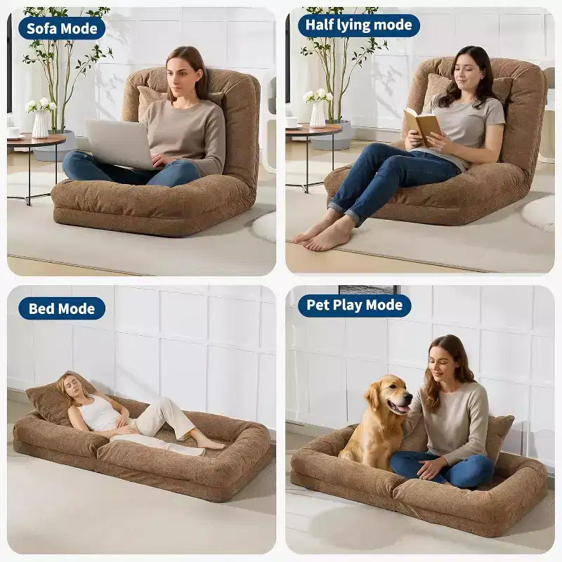 Lit pour chien humain pour adulte, canapé-lit confortable avec 2 oreillers et 5 positions réglables, chaise longue en chenille pour salon et chambre