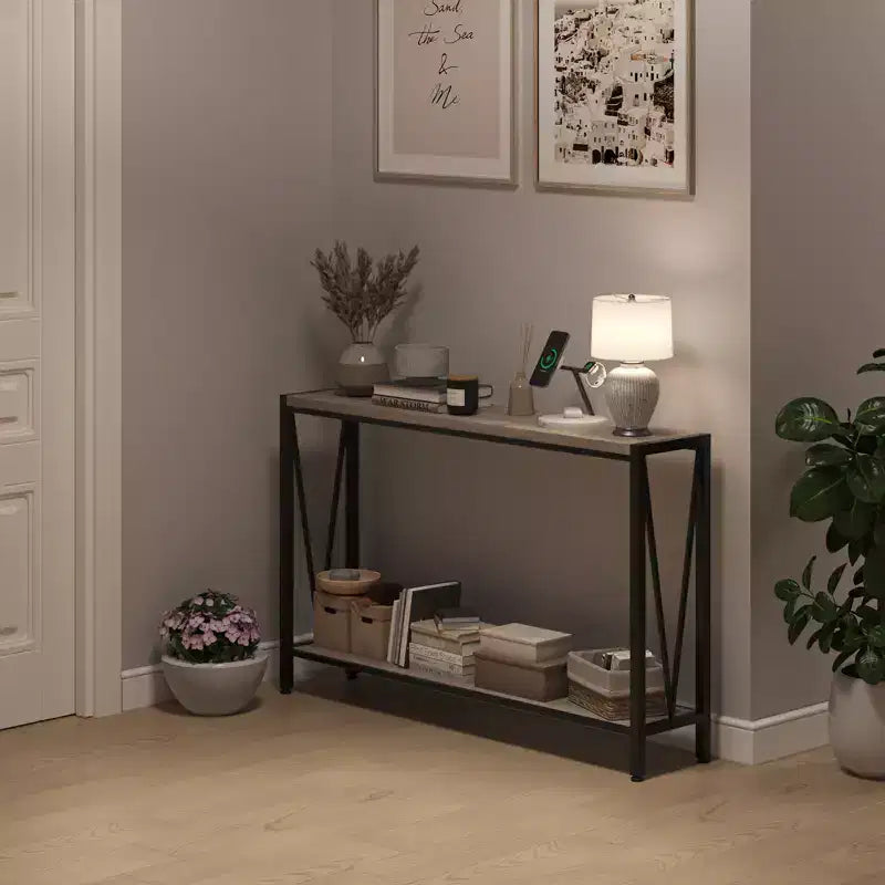 Console étroite de 109 cm avec design en V, table d'entrée à 2 niveaux avec étagère de rangement pour le salon