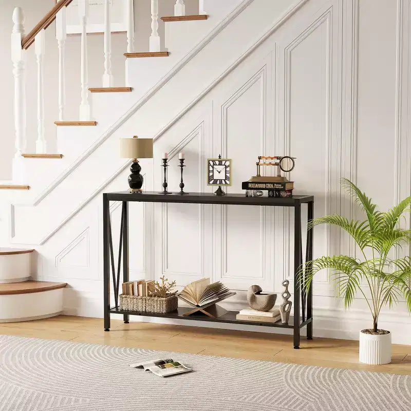 Console étroite de 109 cm avec design en V, table d'entrée à 2 niveaux avec étagère de rangement pour le salon
