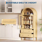 CuisinSmart 71 Meuble de rangement arqué, avec portes en verre trempé, 2 grands tiroirs, étagères réglables, pour salle à manger et cuisine - Naturel