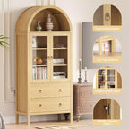 CuisinSmart 71 Meuble de rangement arqué, avec portes en verre trempé, 2 grands tiroirs, étagères réglables, pour salle à manger et cuisine - Naturel