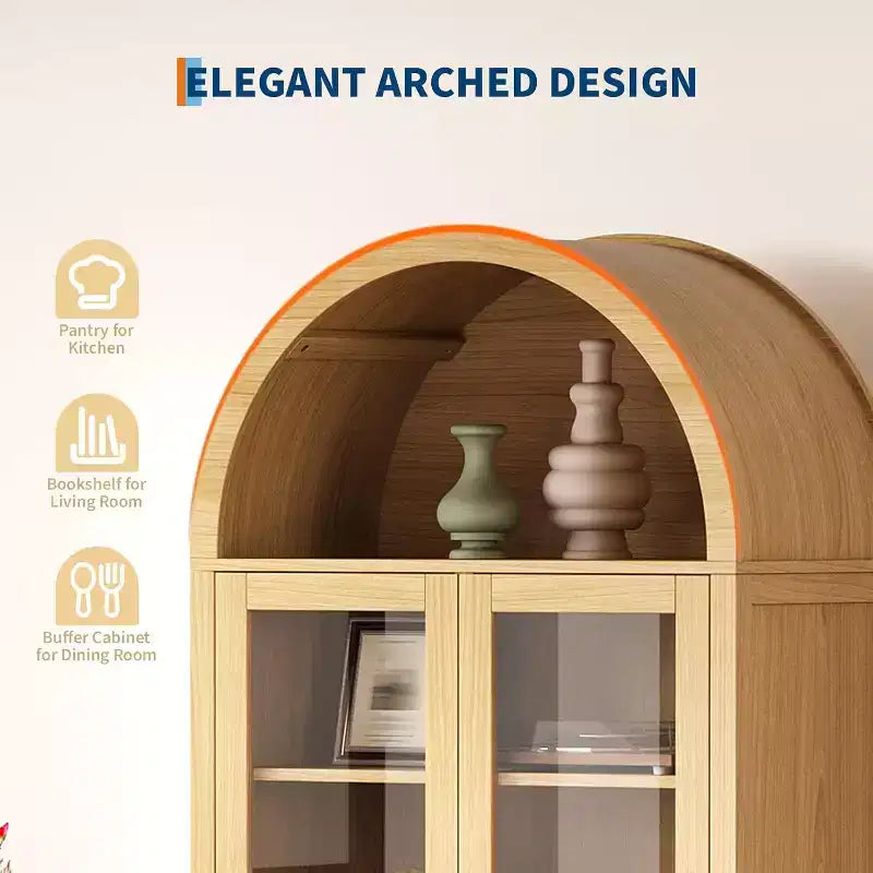 CuisinSmart 71 Meuble de rangement arqué, avec portes en verre trempé, 2 grands tiroirs, étagères réglables, pour salle à manger et cuisine - Naturel