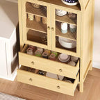 CuisinSmart 71 Meuble de rangement arqué, avec portes en verre trempé, 2 grands tiroirs, étagères réglables, pour salle à manger et cuisine - Naturel