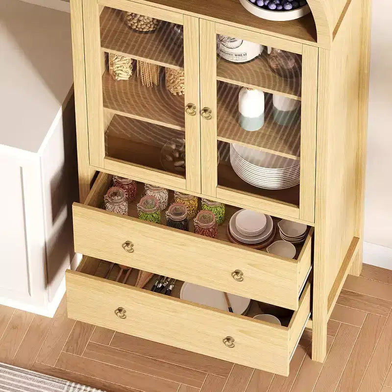 CuisinSmart 71 Meuble de rangement arqué, avec portes en verre trempé, 2 grands tiroirs, étagères réglables, pour salle à manger et cuisine - Naturel