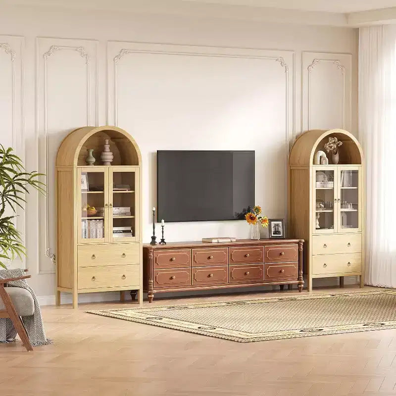 CuisinSmart 71 Meuble de rangement arqué, avec portes en verre trempé, 2 grands tiroirs, étagères réglables, pour salle à manger et cuisine - Naturel