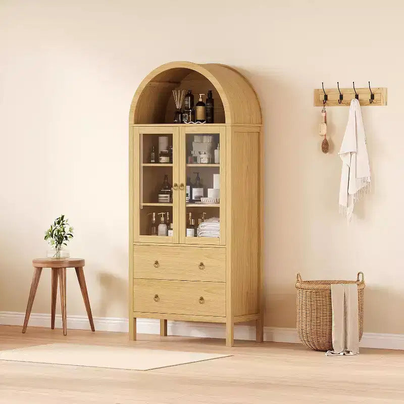 CuisinSmart 71 Meuble de rangement arqué, avec portes en verre trempé, 2 grands tiroirs, étagères réglables, pour salle à manger et cuisine - Naturel
