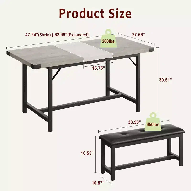 Table de salle à manger extensible COZONY 47,2463 pouces pour 4-6 personnes, table en bois industrielle avec 2 bancs, petits espaces