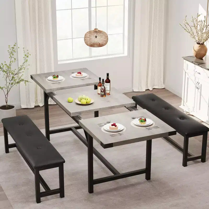 Table de salle à manger extensible COZONY 47,2463 pouces pour 4-6 personnes, table en bois industrielle avec 2 bancs, petits espaces