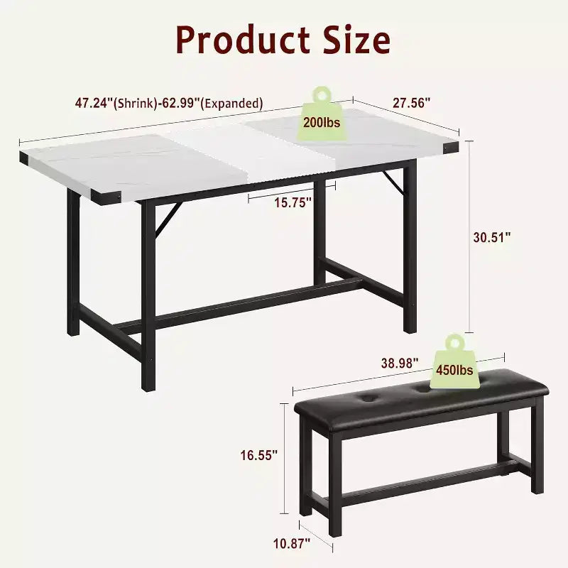 Table de salle à manger extensible COZONY 47,2463 pouces pour 4-6 personnes, table en bois industrielle avec 2 bancs, petits espaces