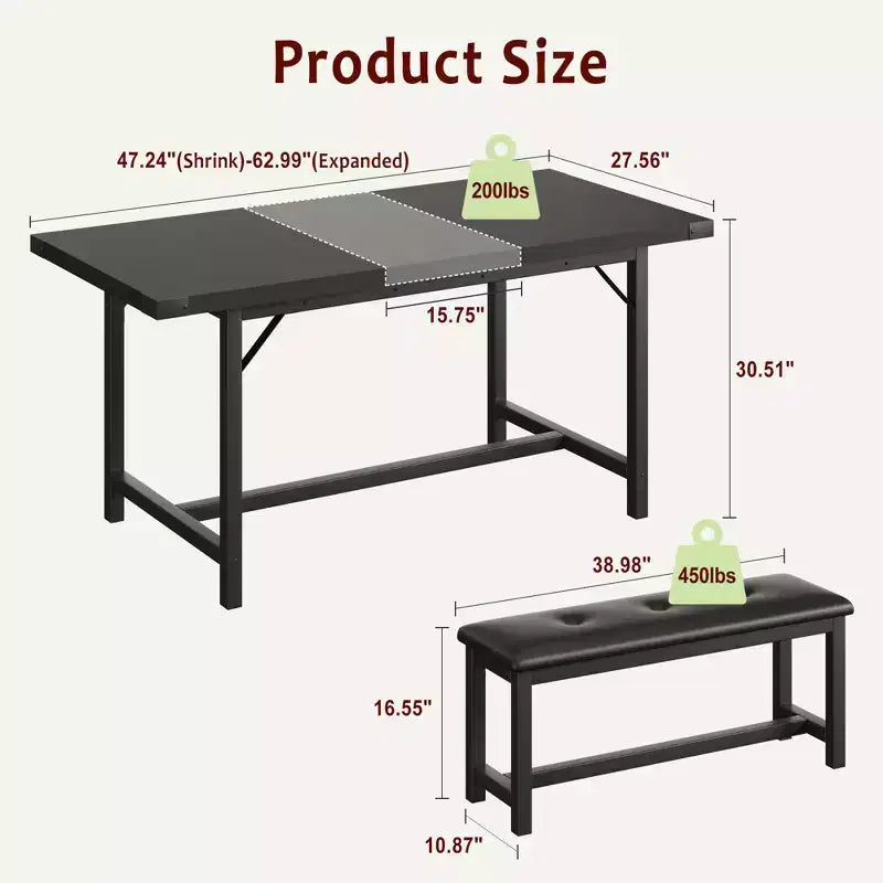 Table de salle à manger extensible COZONY 47,2463 pouces pour 4-6 personnes, table en bois industrielle avec 2 bancs, petits espaces