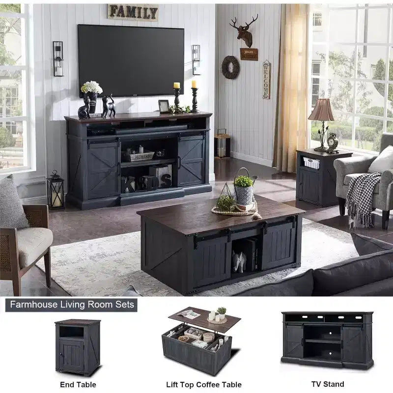 Meuble TV de ferme SinCiDo pour téléviseurs de 80 pouces, meuble console multimédia de 37 pouces de haut avec porte coulissante de style grange, armoires de rangement et étagères réglables