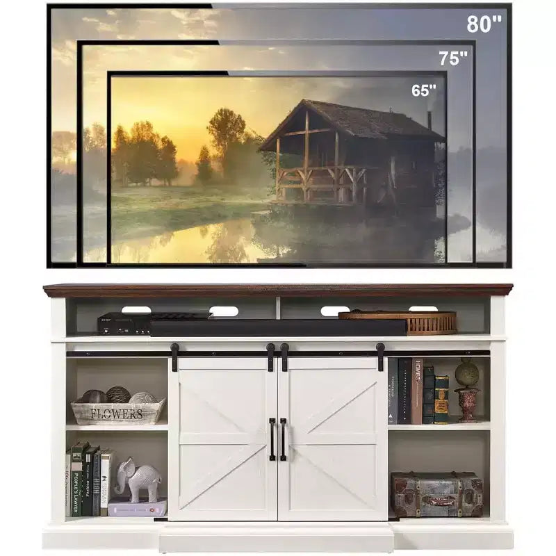 Meuble TV de ferme SinCiDo pour téléviseurs de 80 pouces, meuble console multimédia de 37 pouces de haut avec porte coulissante de style grange, armoires de rangement et étagères réglables