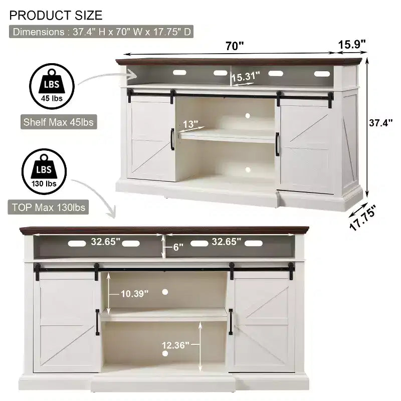 Meuble TV de ferme SinCiDo pour téléviseurs de 80 pouces, meuble console multimédia de 37 pouces de haut avec porte coulissante de style grange, armoires de rangement et étagères réglables