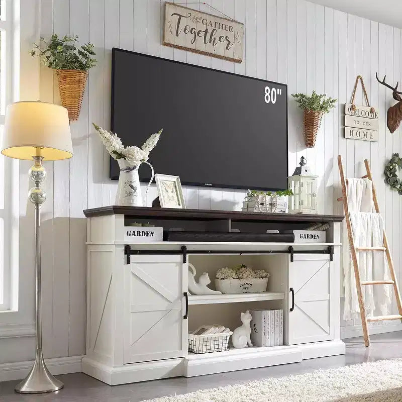 Meuble TV de ferme SinCiDo pour téléviseurs de 80 pouces, meuble console multimédia de 37 pouces de haut avec porte coulissante de style grange, armoires de rangement et étagères réglables