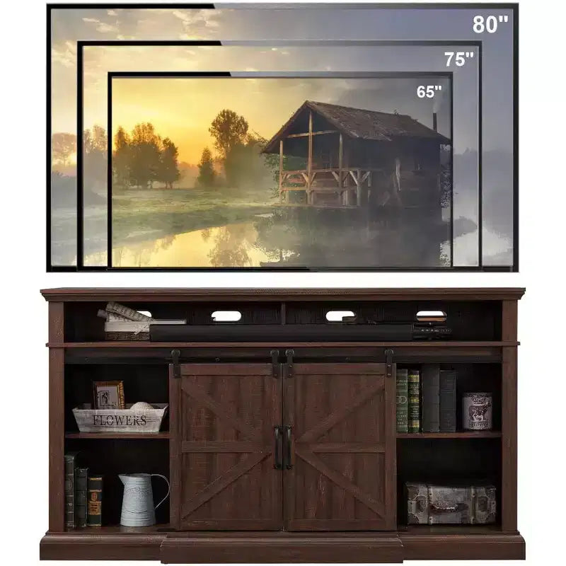 Meuble TV de ferme SinCiDo pour téléviseurs de 80 pouces, meuble console multimédia de 37 pouces de haut avec porte coulissante de style grange, armoires de rangement et étagères réglables