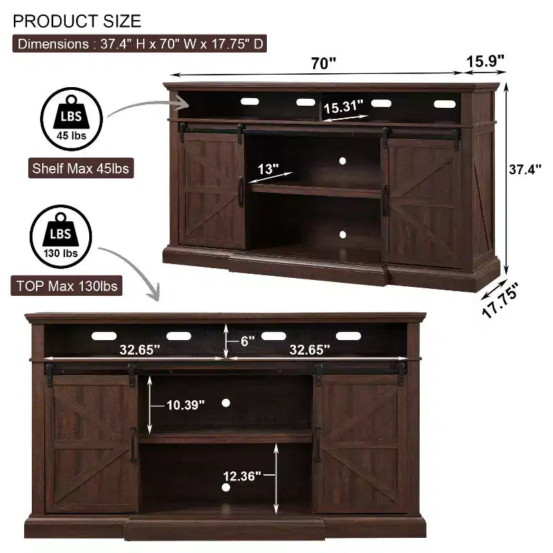 Meuble TV de ferme SinCiDo pour téléviseurs de 80 pouces, meuble console multimédia de 37 pouces de haut avec porte coulissante de style grange, armoires de rangement et étagères réglables