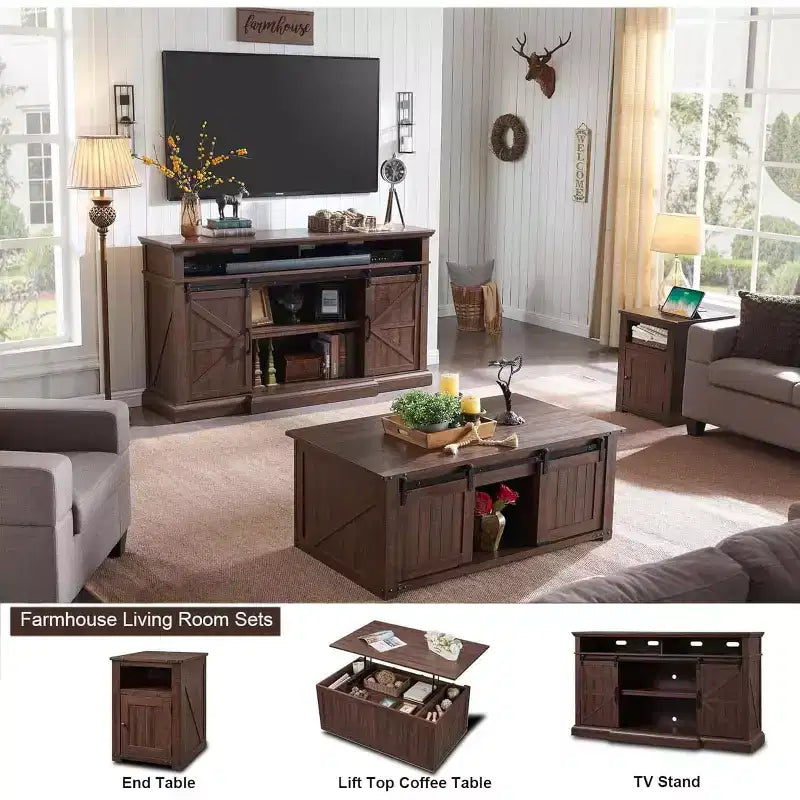 Meuble TV de ferme SinCiDo pour téléviseurs de 80 pouces, meuble console multimédia de 37 pouces de haut avec porte coulissante de style grange, armoires de rangement et étagères réglables