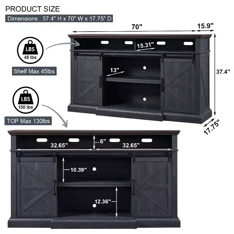Meuble TV de ferme SinCiDo pour téléviseurs de 80 pouces, meuble console multimédia de 37 pouces de haut avec porte coulissante de style grange, armoires de rangement et étagères réglables