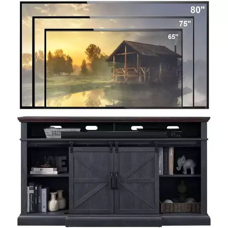 Meuble TV de ferme SinCiDo pour téléviseurs de 80 pouces, meuble console multimédia de 37 pouces de haut avec porte coulissante de style grange, armoires de rangement et étagères réglables