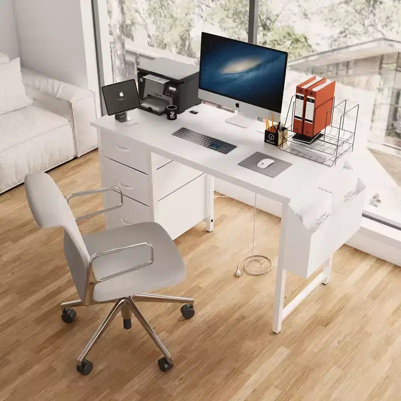 Okak Bureau d'ordinateur moderne pour la maison avec tiroirs et étagères, bureau d'écriture pour adolescents avec sac latéral pour l'étude, le bureau, le studio