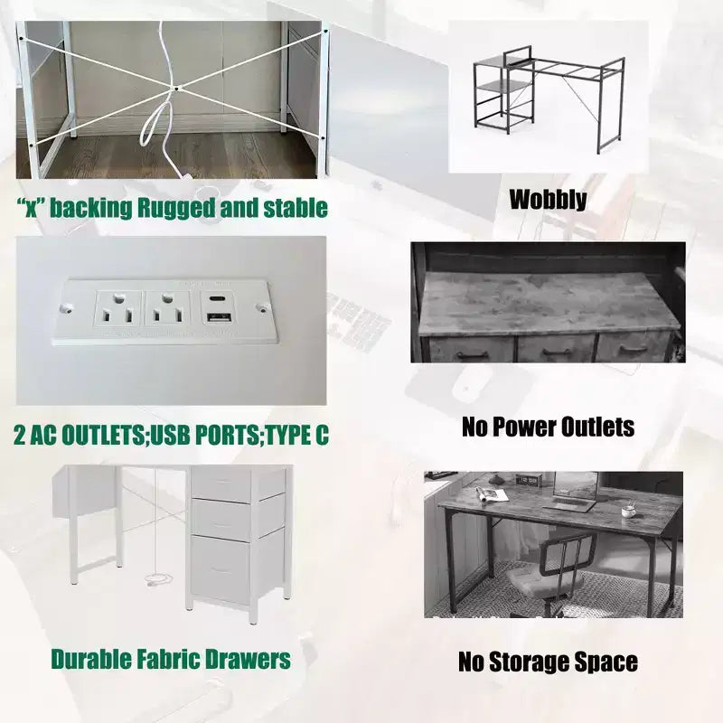 Okak Bureau d'ordinateur moderne pour la maison avec tiroirs et étagères, bureau d'écriture pour adolescents avec sac latéral pour l'étude, le bureau, le studio