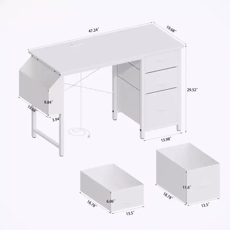 Okak Bureau d'ordinateur moderne pour la maison avec tiroirs et étagères, bureau d'écriture pour adolescents avec sac latéral pour l'étude, le bureau, le studio