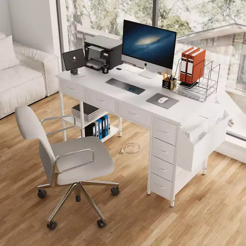 Okak Bureau d'ordinateur moderne pour la maison avec tiroirs et étagères, bureau d'écriture pour adolescents avec sac latéral pour l'étude, le bureau, le studio