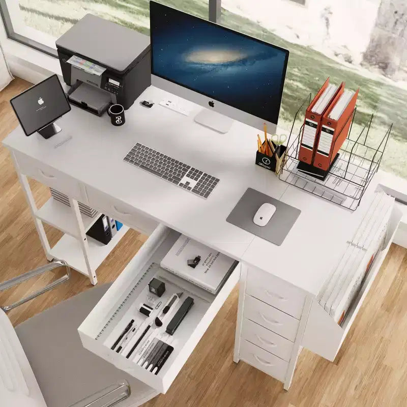 Okak Bureau d'ordinateur moderne pour la maison avec tiroirs et étagères, bureau d'écriture pour adolescents avec sac latéral pour l'étude, le bureau, le studio