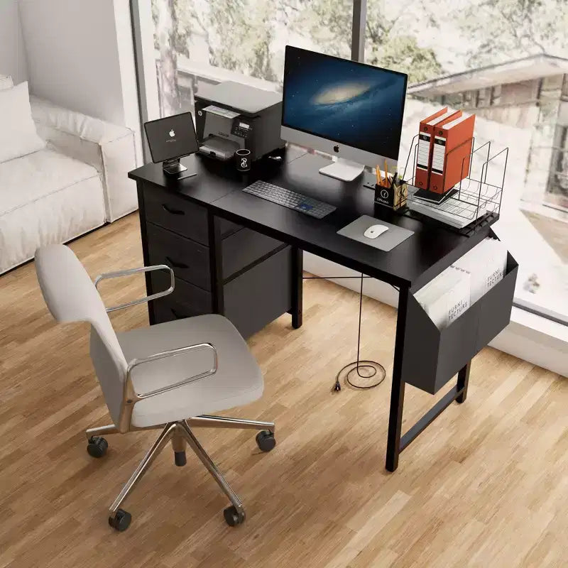 Okak Bureau d'ordinateur moderne pour la maison avec tiroirs et étagères, bureau d'écriture pour adolescents avec sac latéral pour l'étude, le bureau, le studio