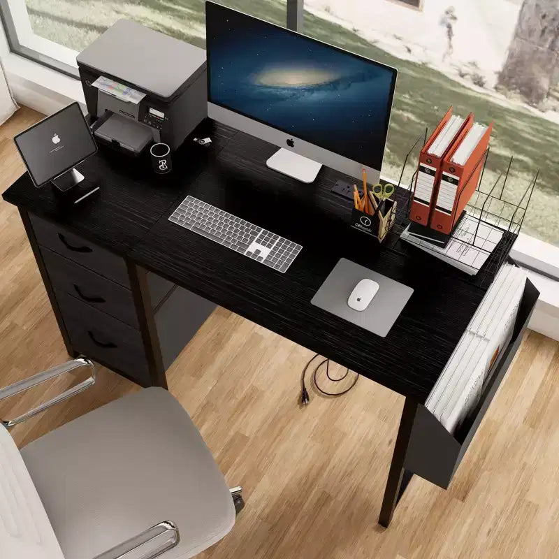 Okak Bureau d'ordinateur moderne pour la maison avec tiroirs et étagères, bureau d'écriture pour adolescents avec sac latéral pour l'étude, le bureau, le studio