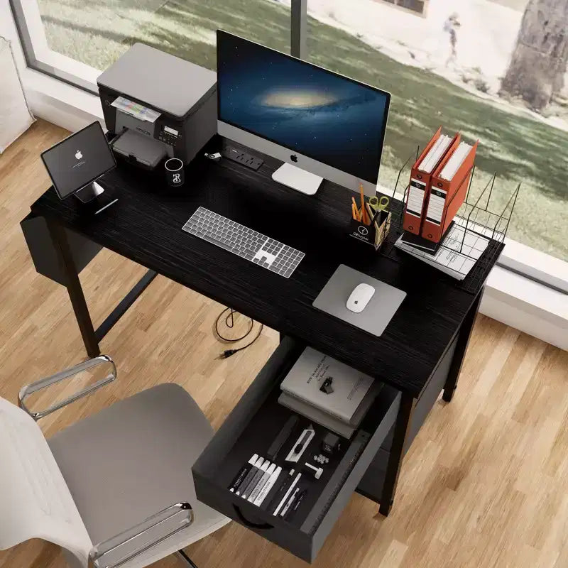 Okak Bureau d'ordinateur moderne pour la maison avec tiroirs et étagères, bureau d'écriture pour adolescents avec sac latéral pour l'étude, le bureau, le studio