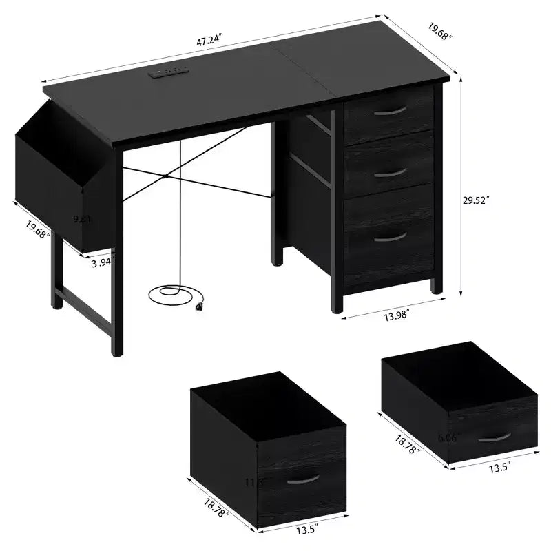 Okak Bureau d'ordinateur moderne pour la maison avec tiroirs et étagères, bureau d'écriture pour adolescents avec sac latéral pour l'étude, le bureau, le studio